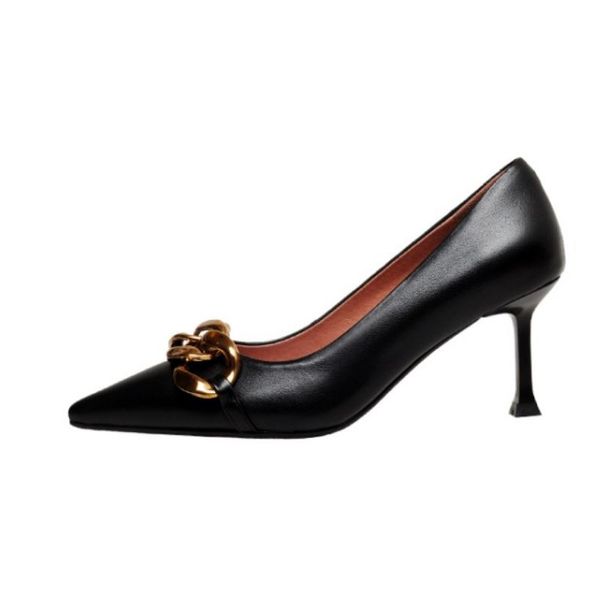 2022 new women pumps real leather pointed toe thin heel slip on metal chains party shoes female footwear size 33-41, Black